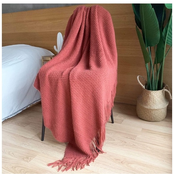 Light Sky Blue Textured Minimal Cozy Knit Pattern Fringe Tassel Couch Blanket - Picture 16 of 16